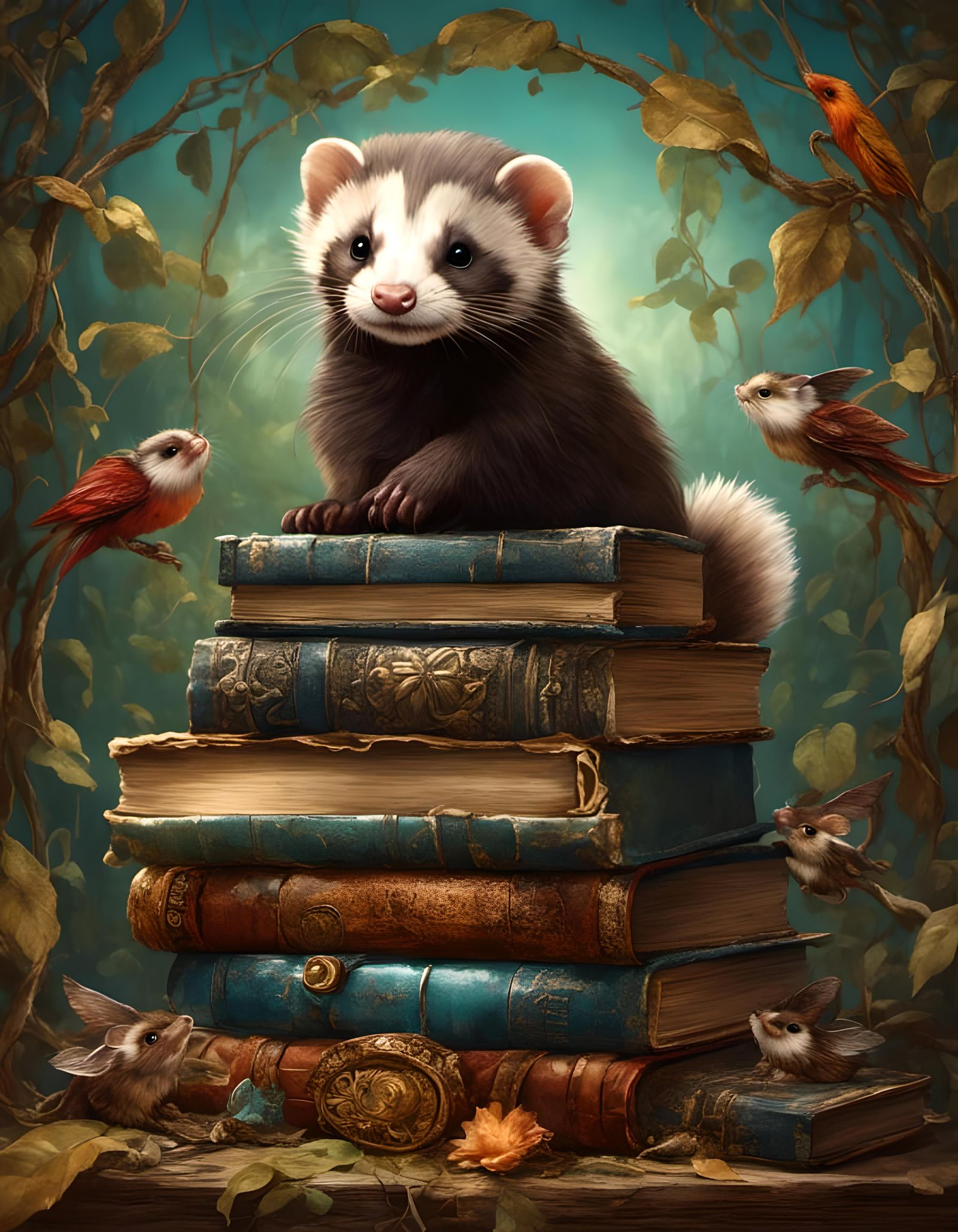 Whimsical Ferret Portrait with Leather Book Frame