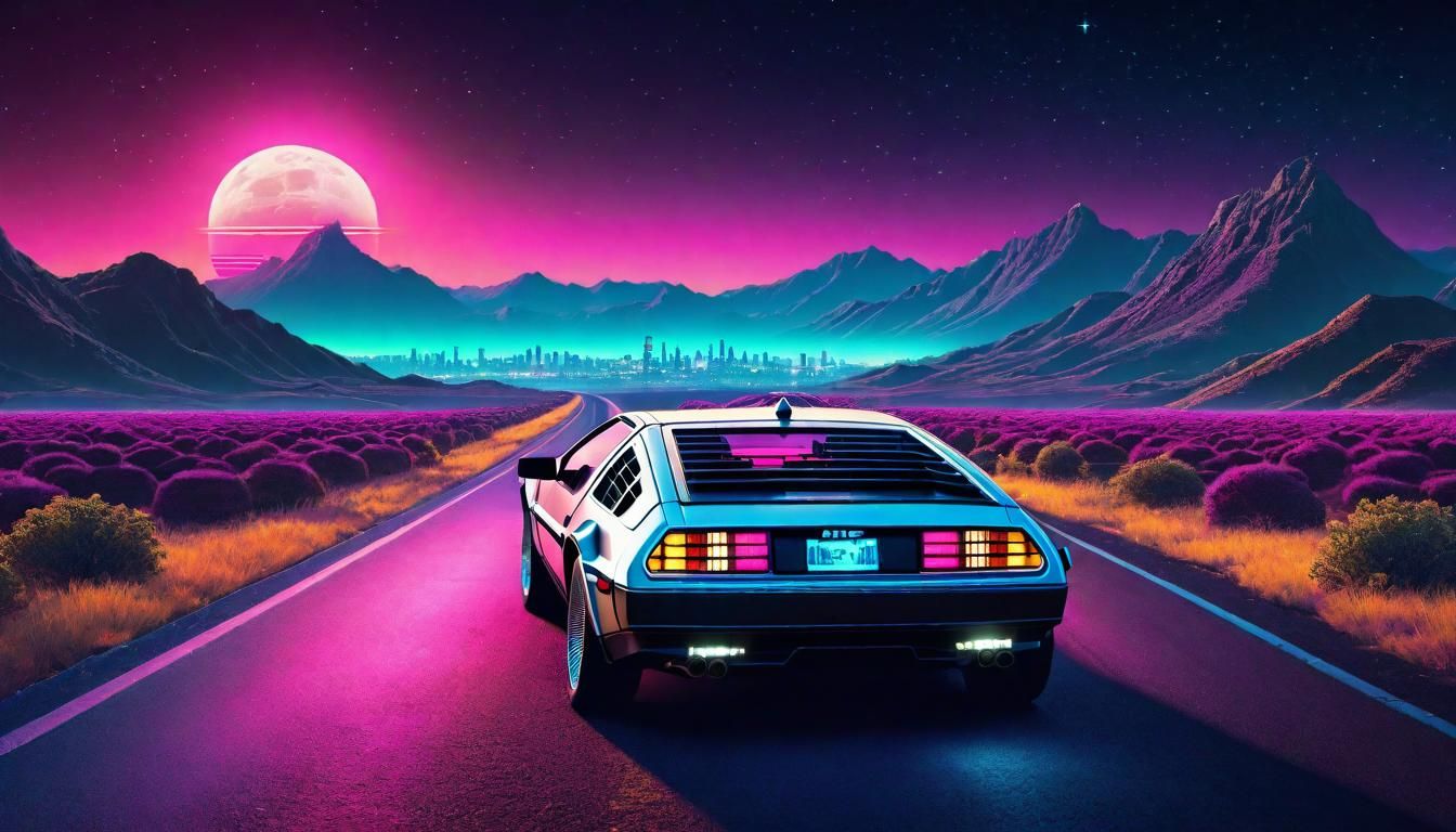 DeLorean in Synthwave Nature Landscape