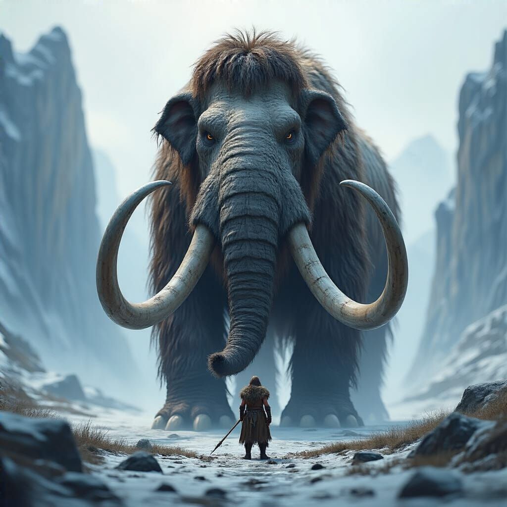 Colossal Woolly Mammoth in Ethereal Ice Landscape
