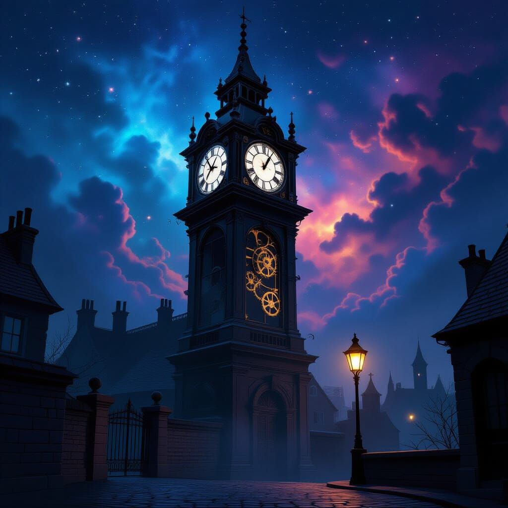 Mysterious Clock Tower Silhouette Against Cosmic Sky