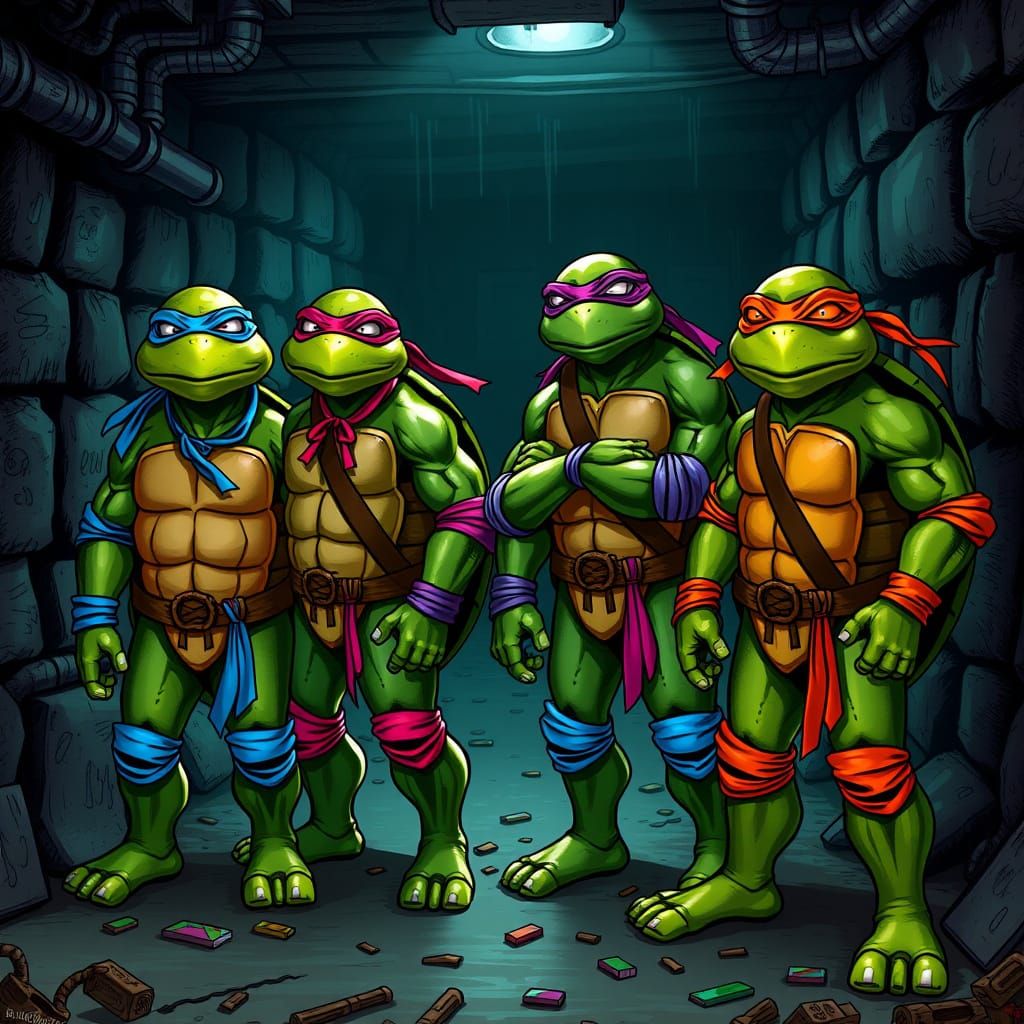 Turtle Brothers in Sewer Hideout, Inspired by Classic Animat...