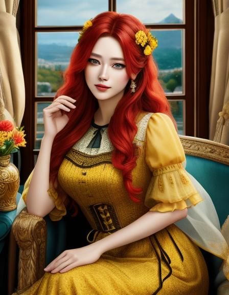<lora:BeautyFace:1.0> Half body portrait of pretty woman, red  wavy hair,  flower in hair,  yellow dress with  lace, ruf...