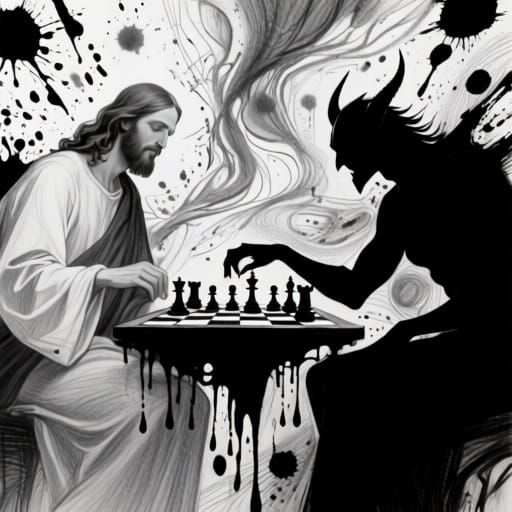 Jesus and Satan Play Chess in Expressive Ink Sketch