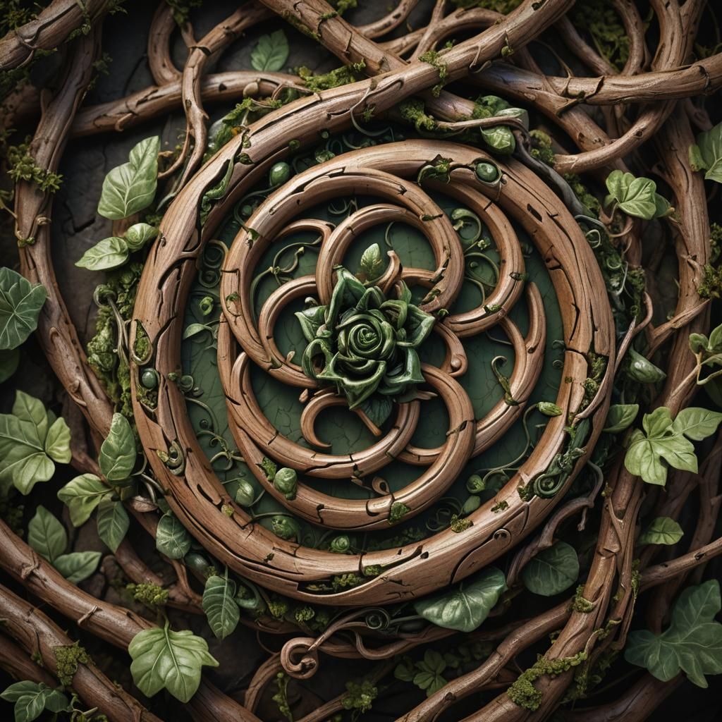 Fantasy Wooden Amulet with Intertwined Tendrils
