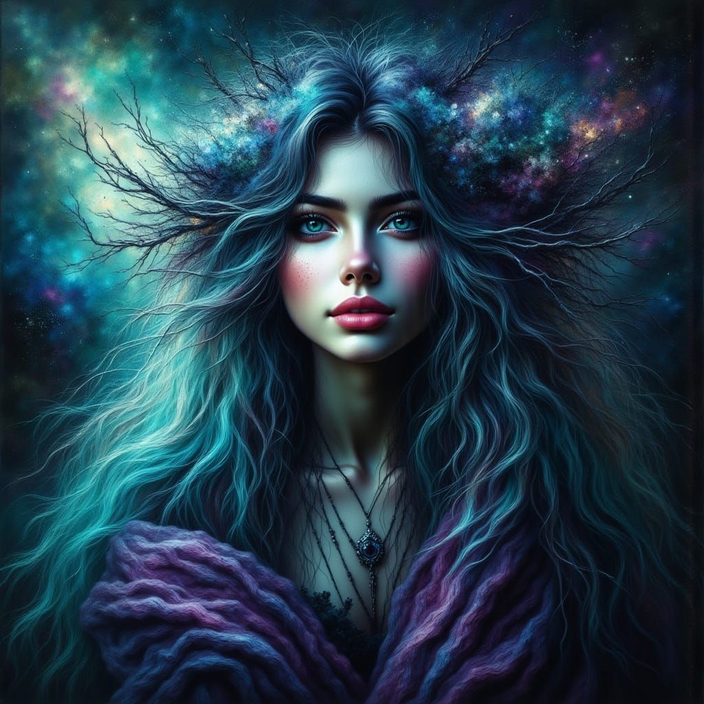 Mysterious Woman Dissolving into Cosmic Northern Lights