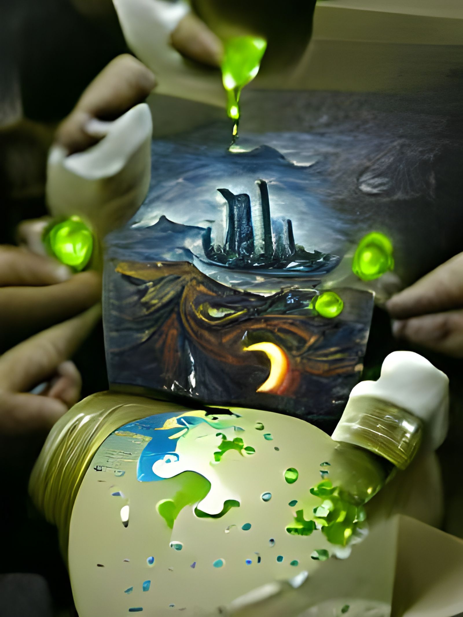 Radiant Oil Painting of Earth's End and Descending Craft