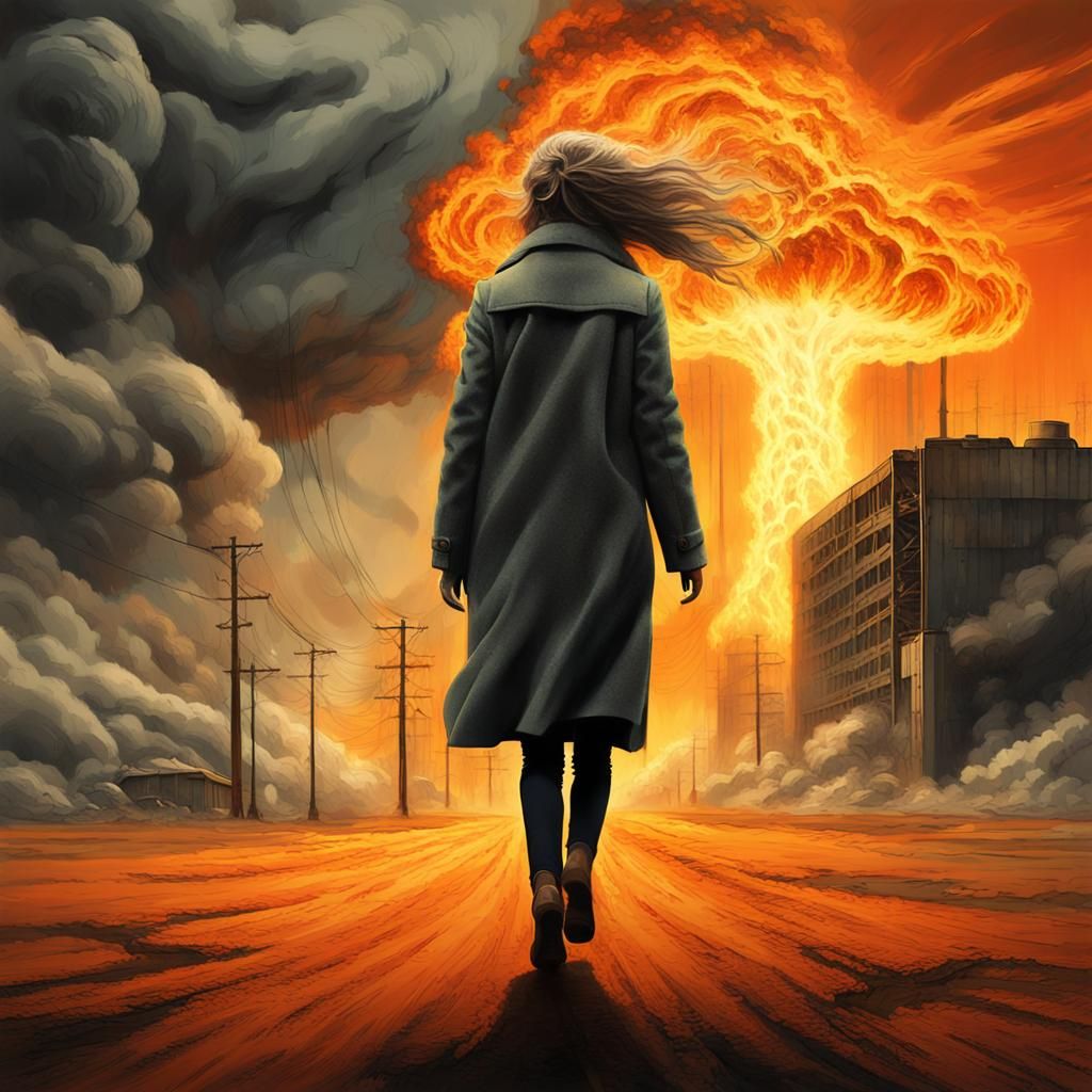 Woman Walks Away From Nuclear Blast in Expressionist Style