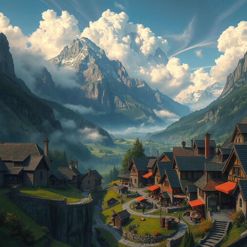 Idyllic Village Scene in Atmospheric, Cinematic Style