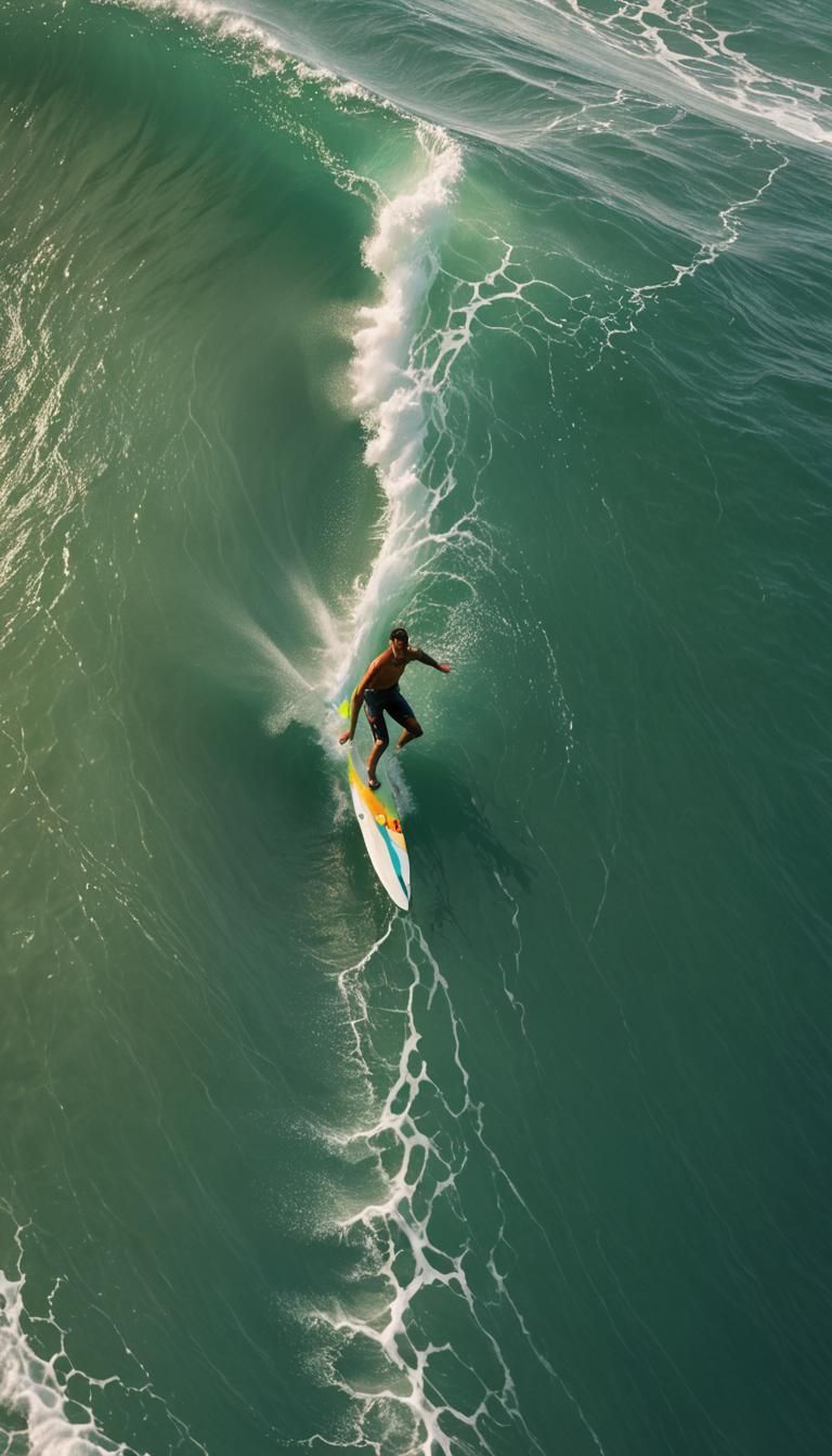 Surfer Rides Wave in Tropical Paradise: Cinematic View