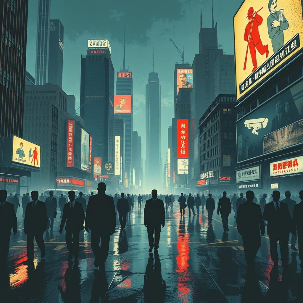 Futuristic Dystopian Cityscape with Anonymous Rebel