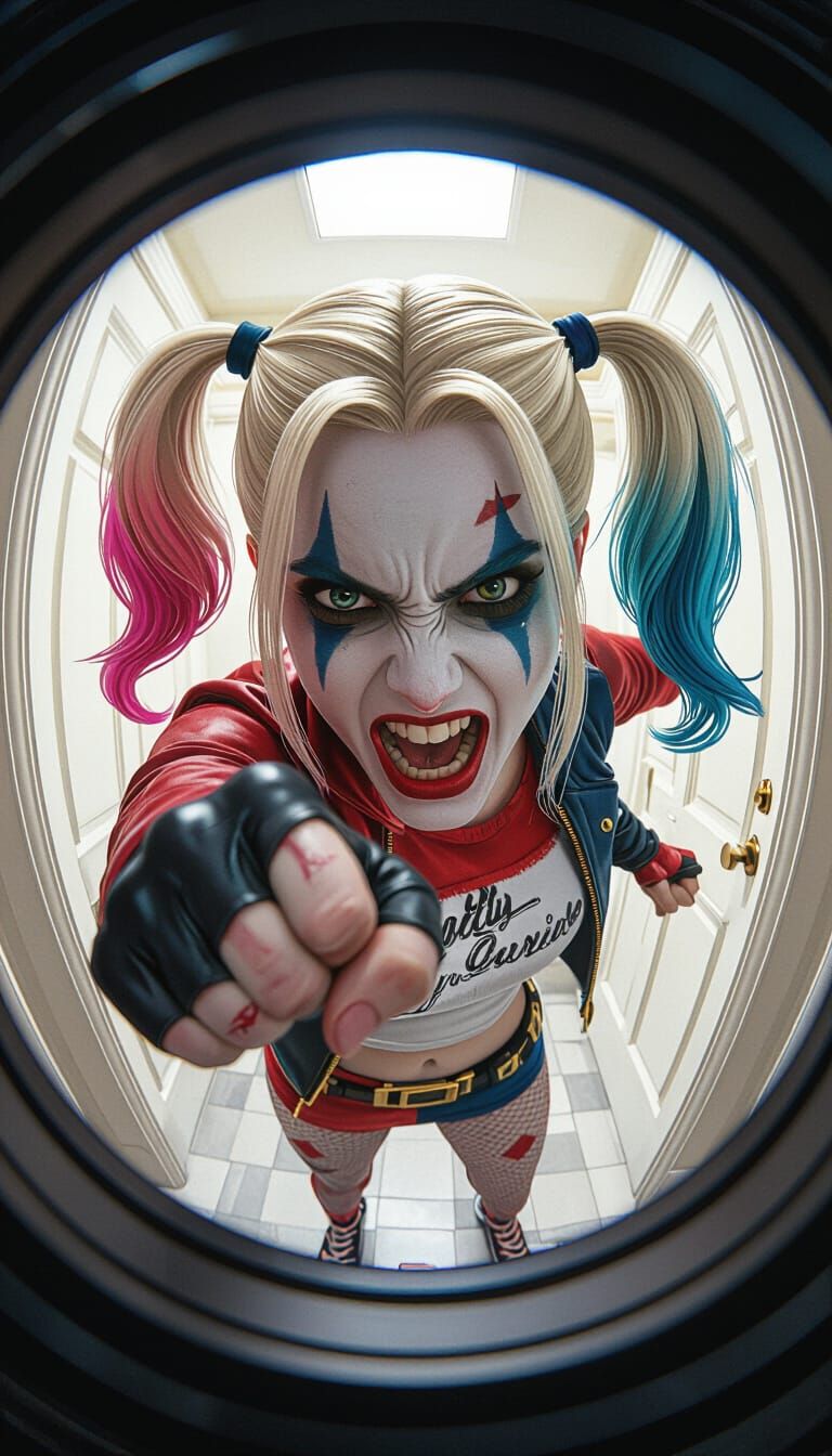 Angry Harley Quinn Fisheye View in Vibrant Cinematic Style