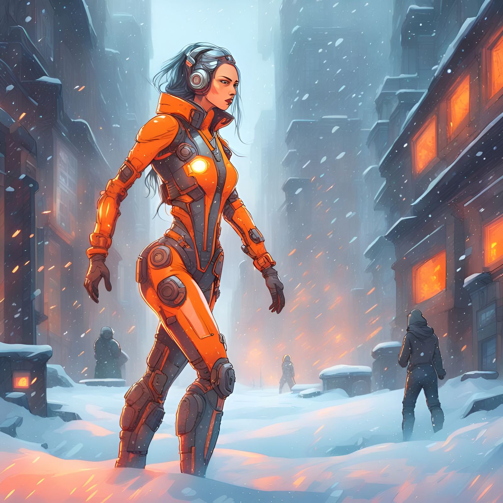 Futuristic Cyberpunk Humanoid in Snowy Ruins