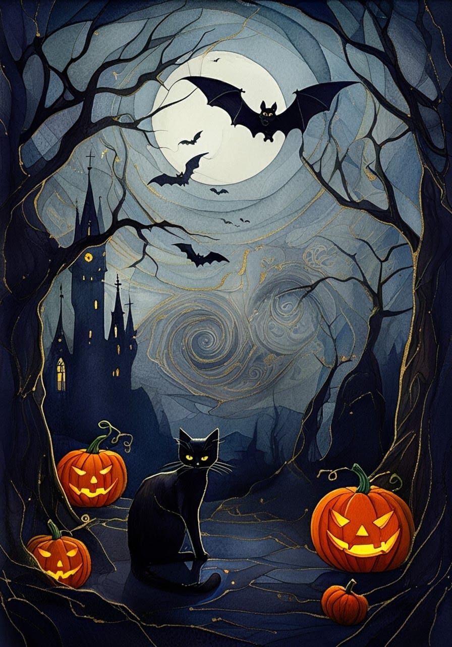 Eerie Gothic Halloween Scene with Black Cat in Art Brut Styl...