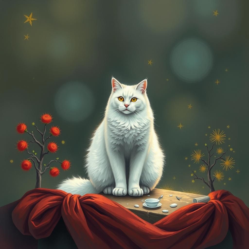 White Cat Contemplates Fish in Tranquil Pond