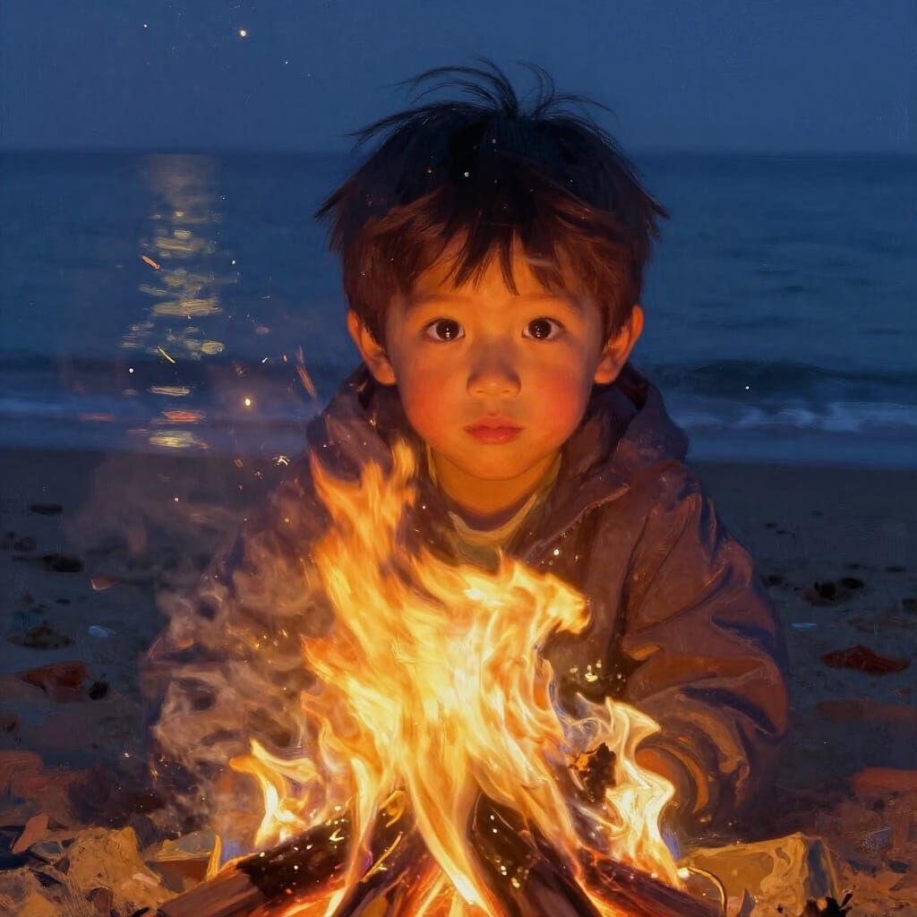 Child's Face Lit by Beach Bonfire at Night
