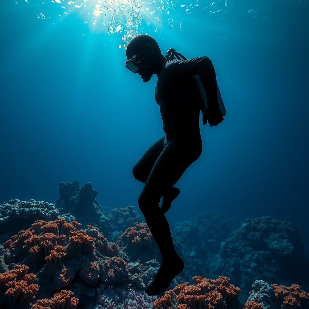 Japanese Pearl Diver Silhouette in Deep Blue Sea