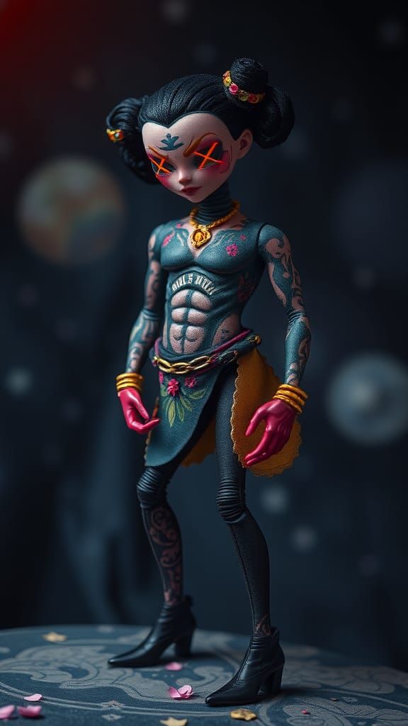 Muscular Fabric Doll with Floral Tattoos