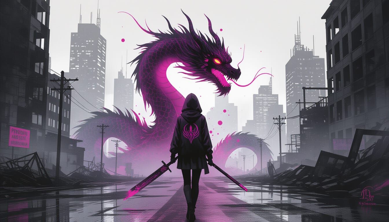 Woman and Ink Dragon in Futuristic Wasteland