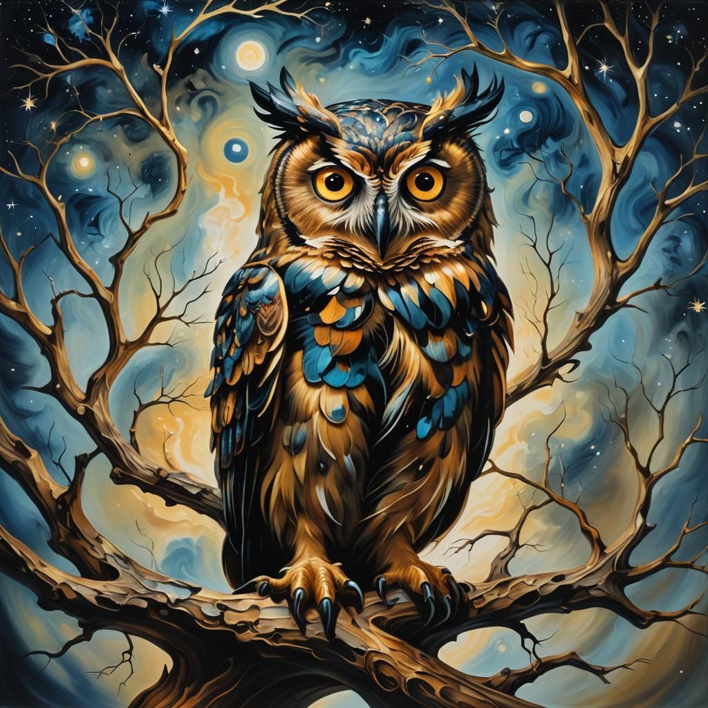 Cosmic Owl on Twisted Branch: Surreal Oil Painting