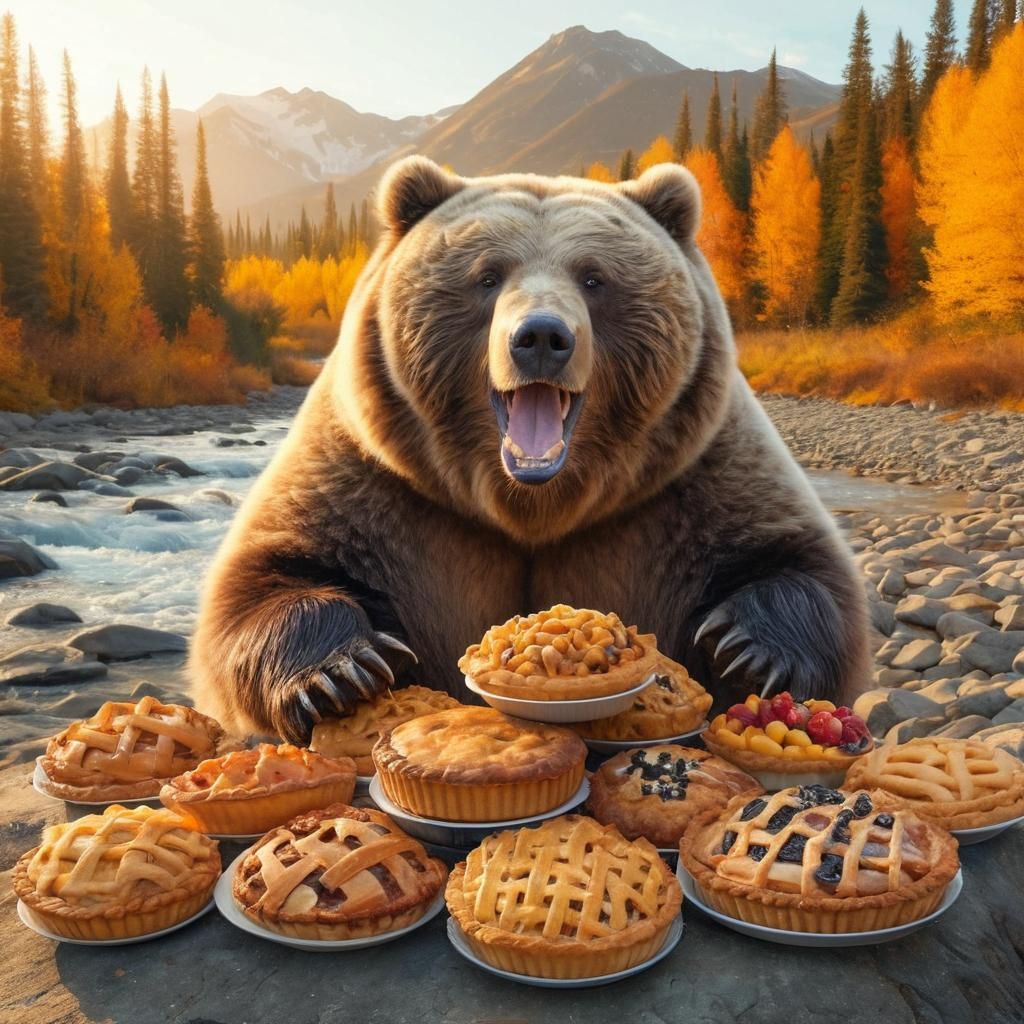 Excited Kodiak Bear with Pies in Sunlight