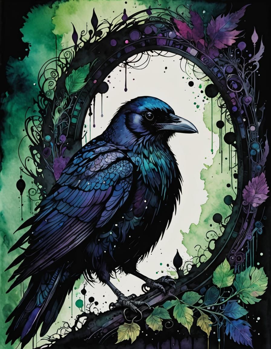 Glossy Raven in Harry Clarke Style Digital Painting