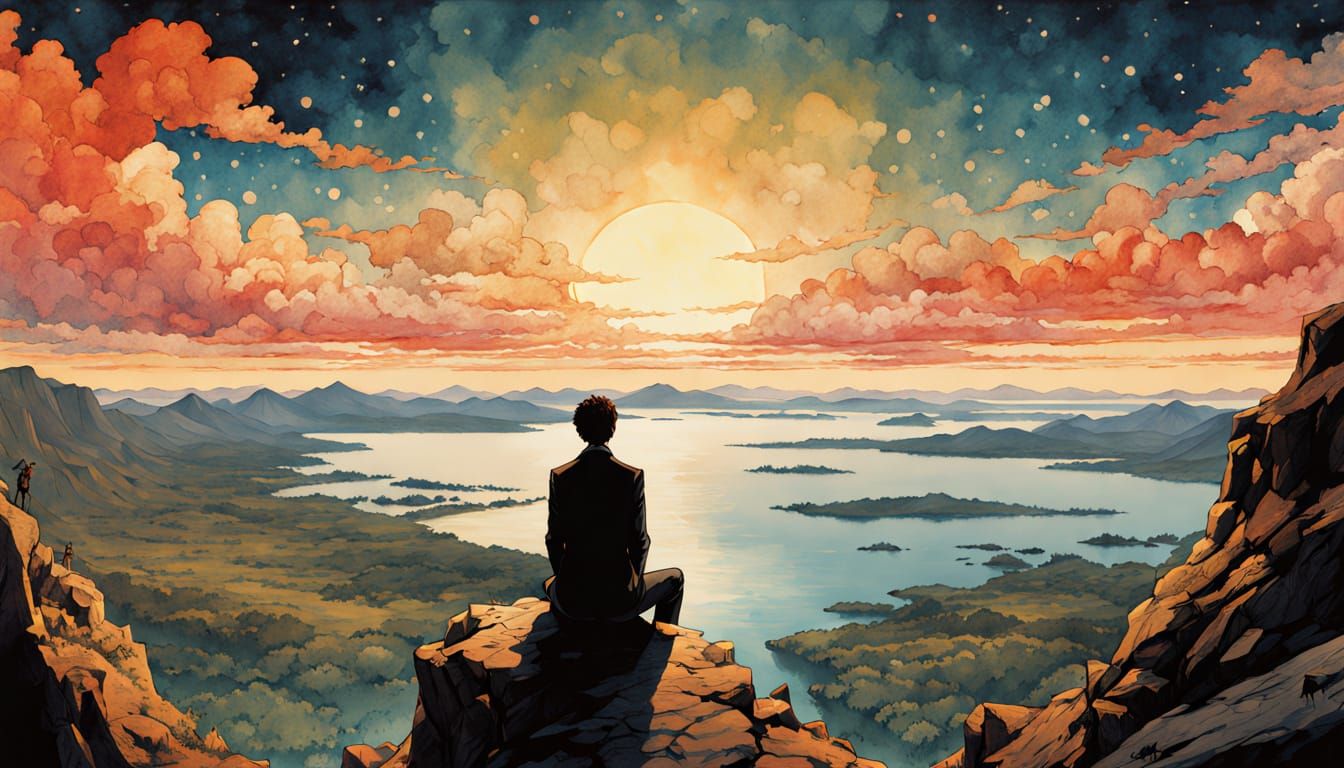 Hypermaximalist Sunset Cliff Scene with Man and Dog