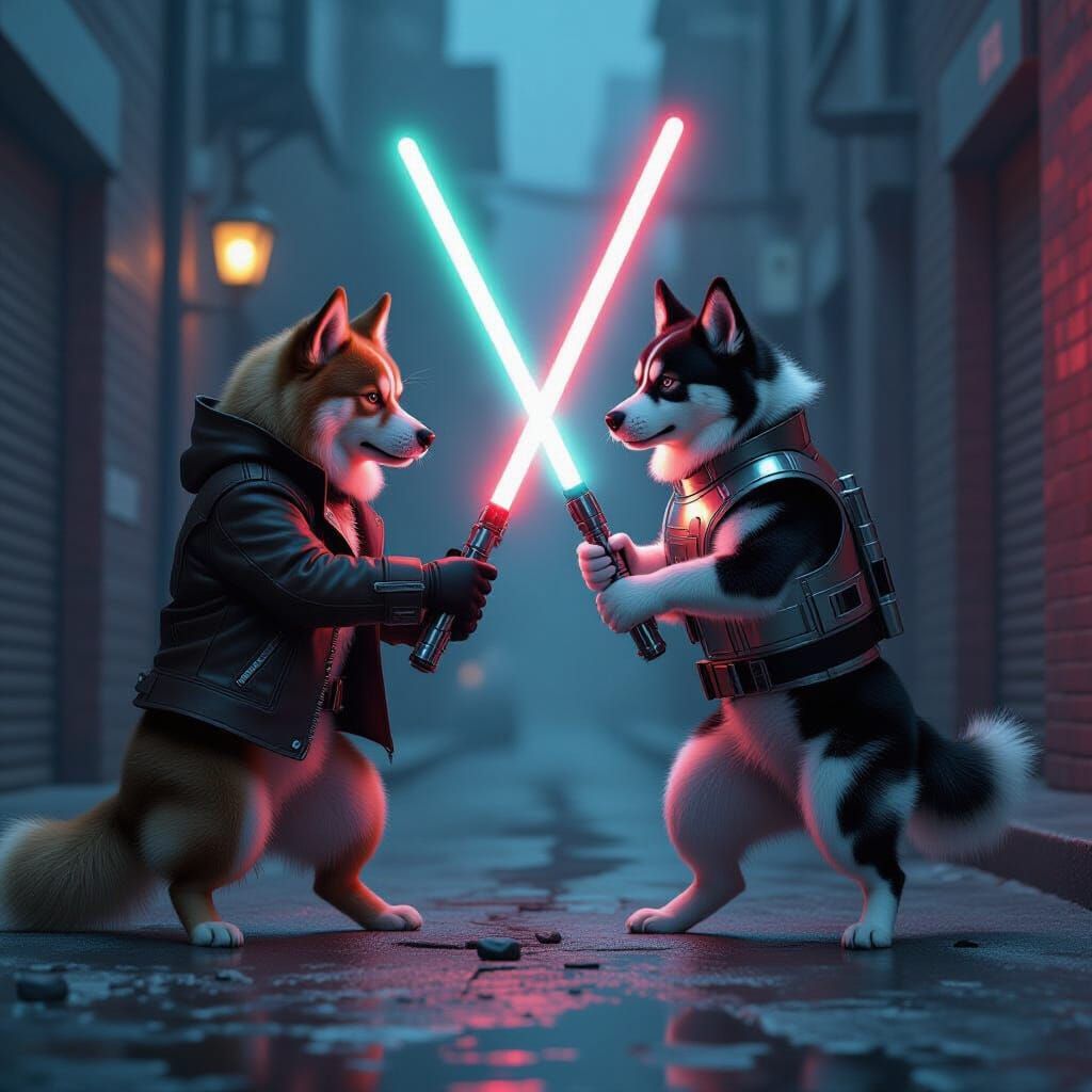 Dogs Duel with Light Sabers in Misty Alleyway