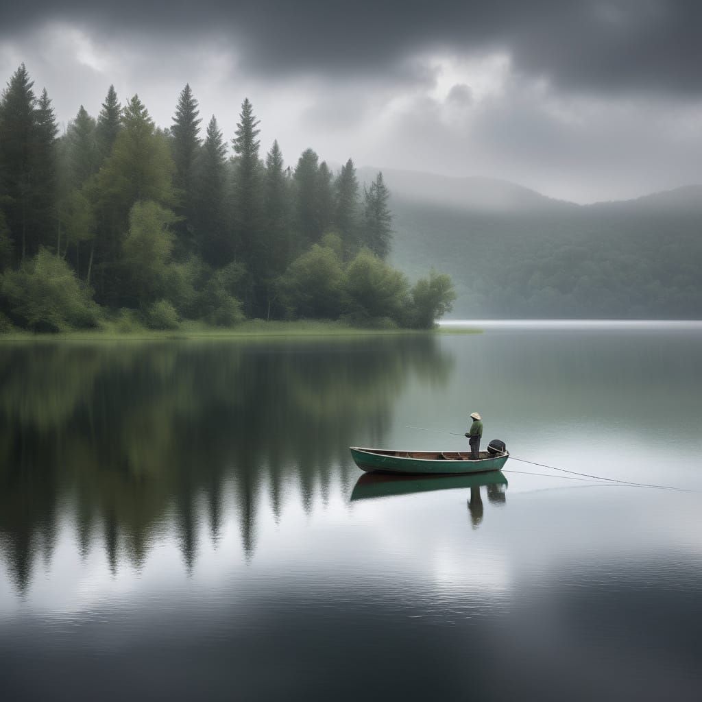 Tranquil American Realism Oil Painting of a Lone Fisherman o...