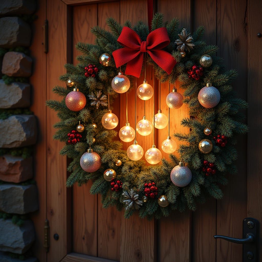Golden Christmas Door with Iridescent Crystal Wreath