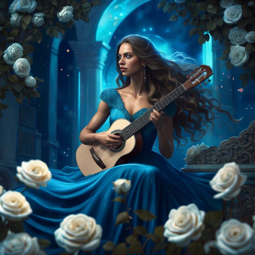 Woman in Blue Dress Playing Guitar Under Aurora