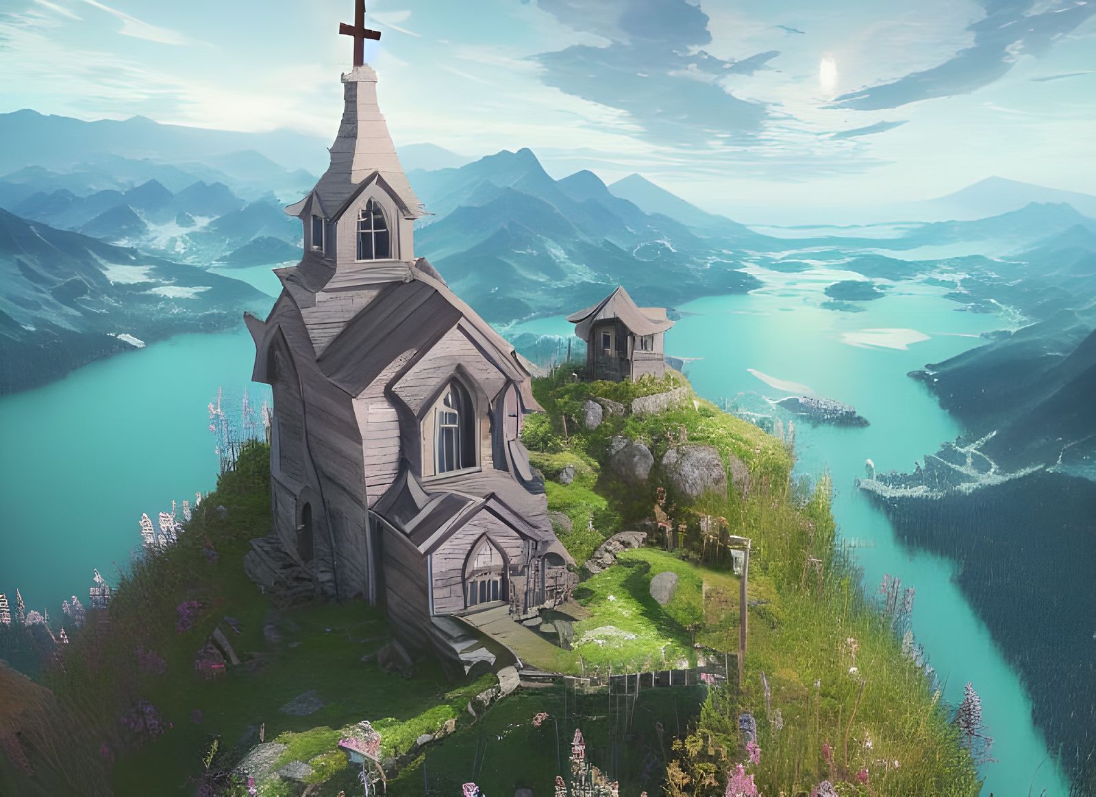 Mountain Church Digital Illustration in Vibrant Colors