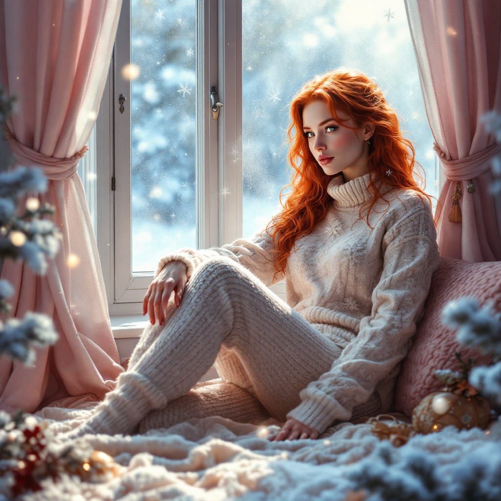 Redhead Woman in Knitwear by Frosty Window