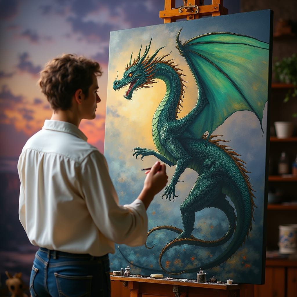 Romantic Dragon Painting in Dreamy, Whimsical Style