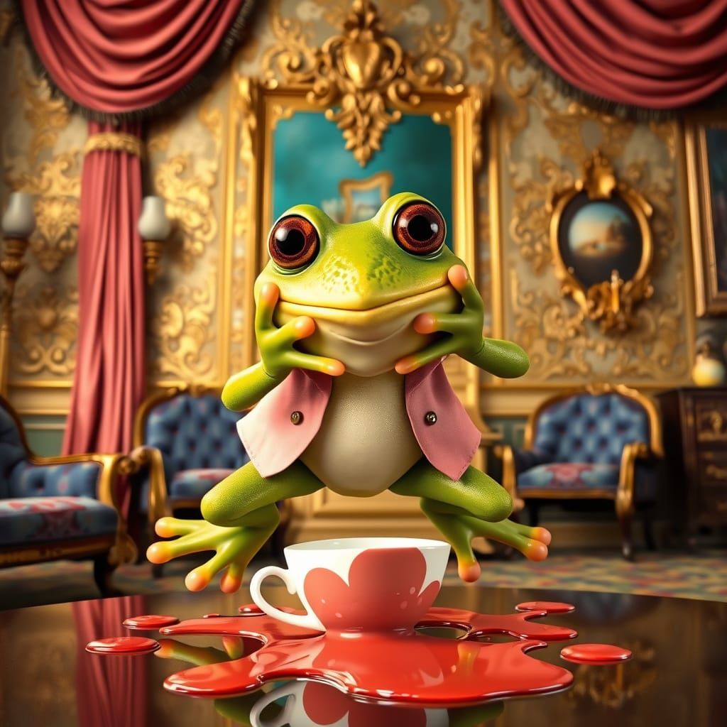Cartoon Frog Leaps from Spilled Tea in Victorian Parlor