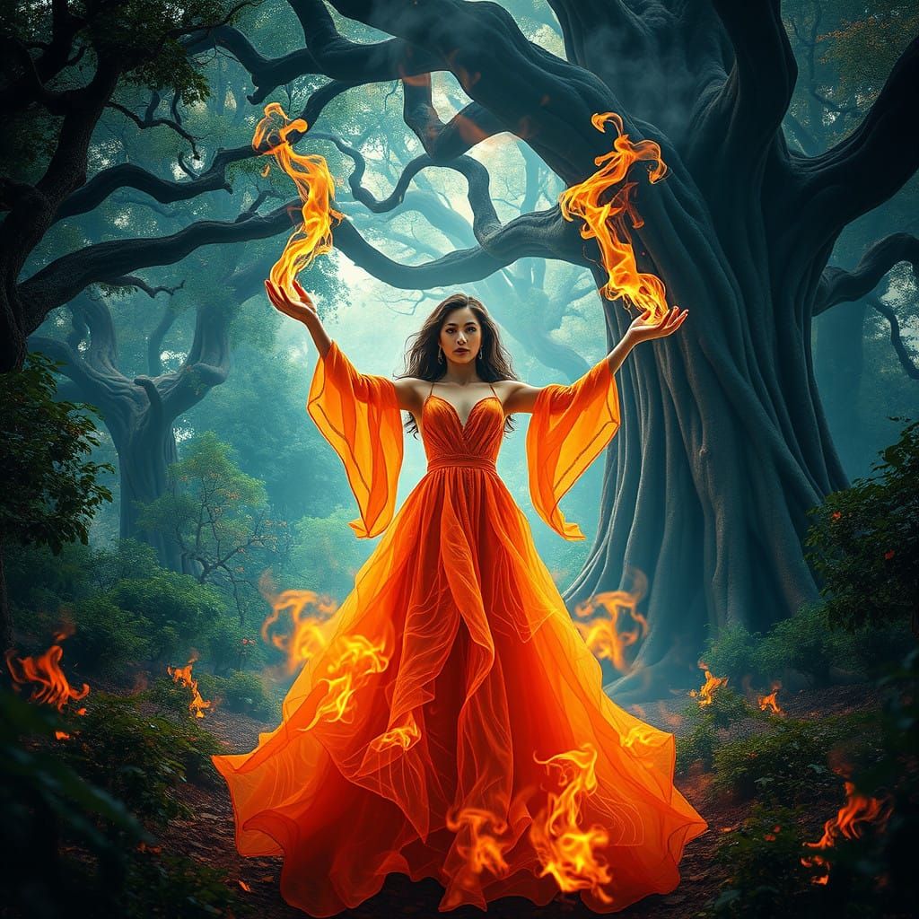 Woman Enveloped by Flames and Forest in a Surreal, Dreamlike...