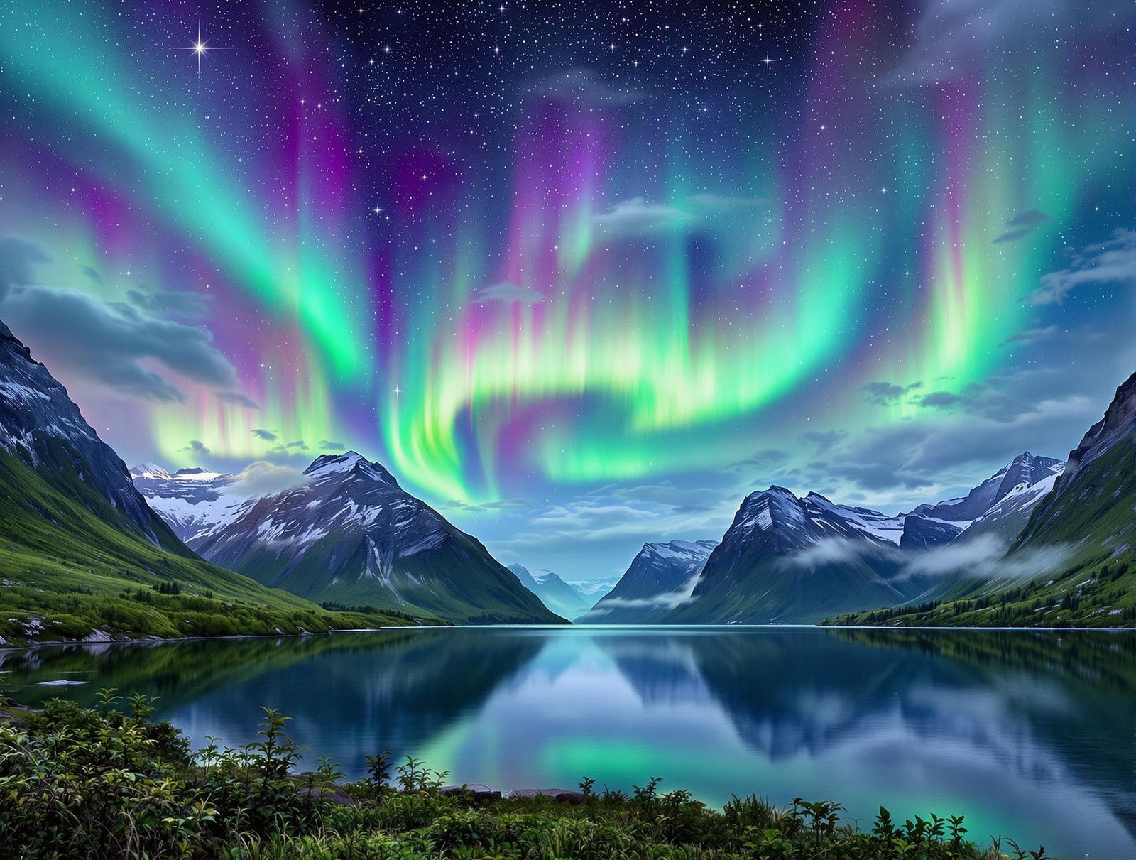 Aurora Borealis Dance Above Norwegian Fjords in Hyper-Realis...