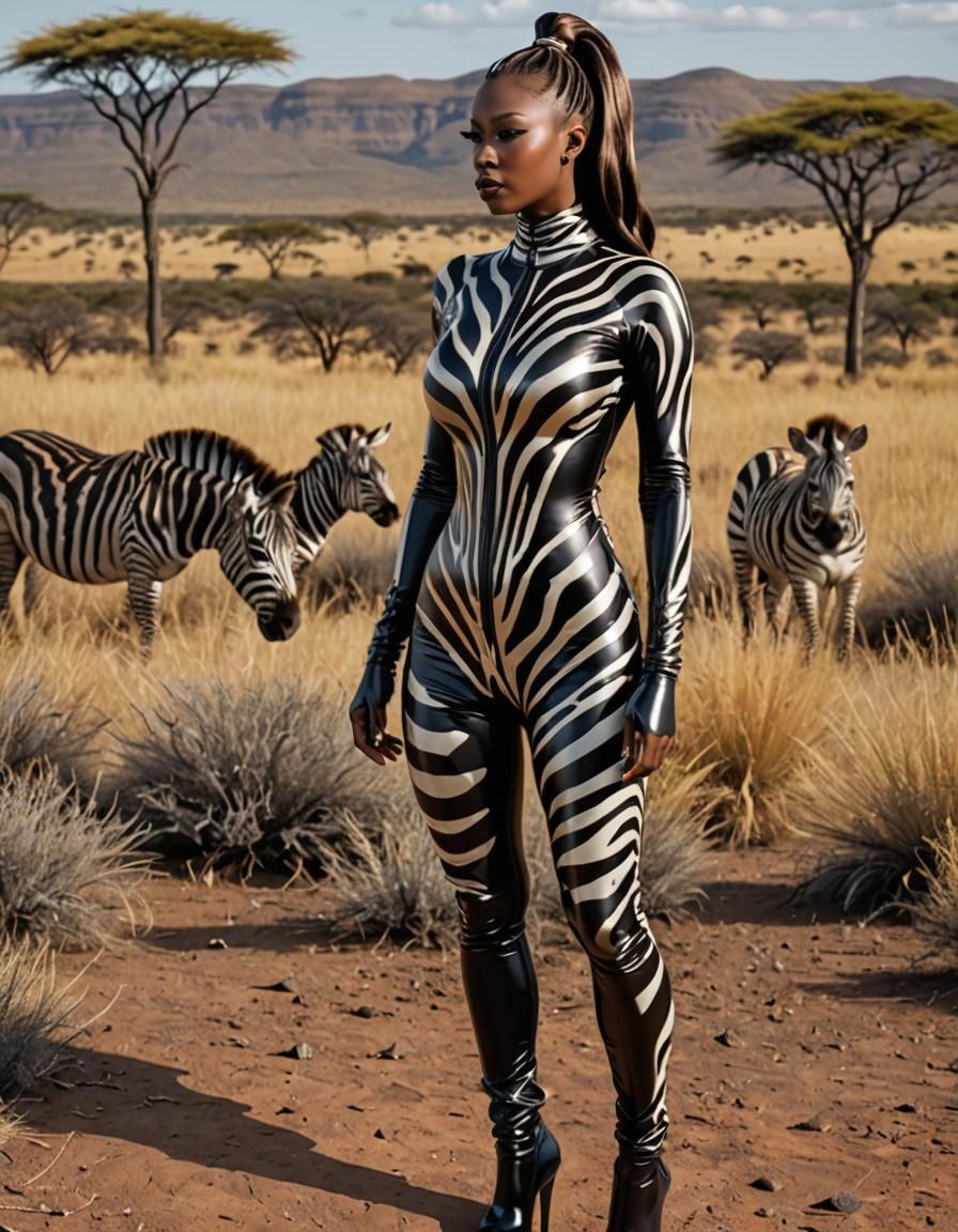 Zebra Latex Woman in African Savanna