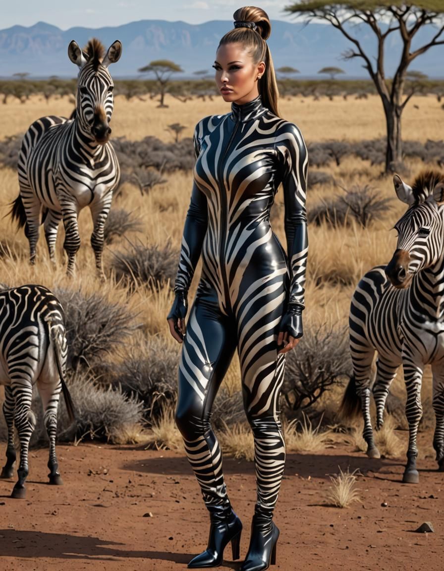 Woman in Zebra Catsuit in African Savanna