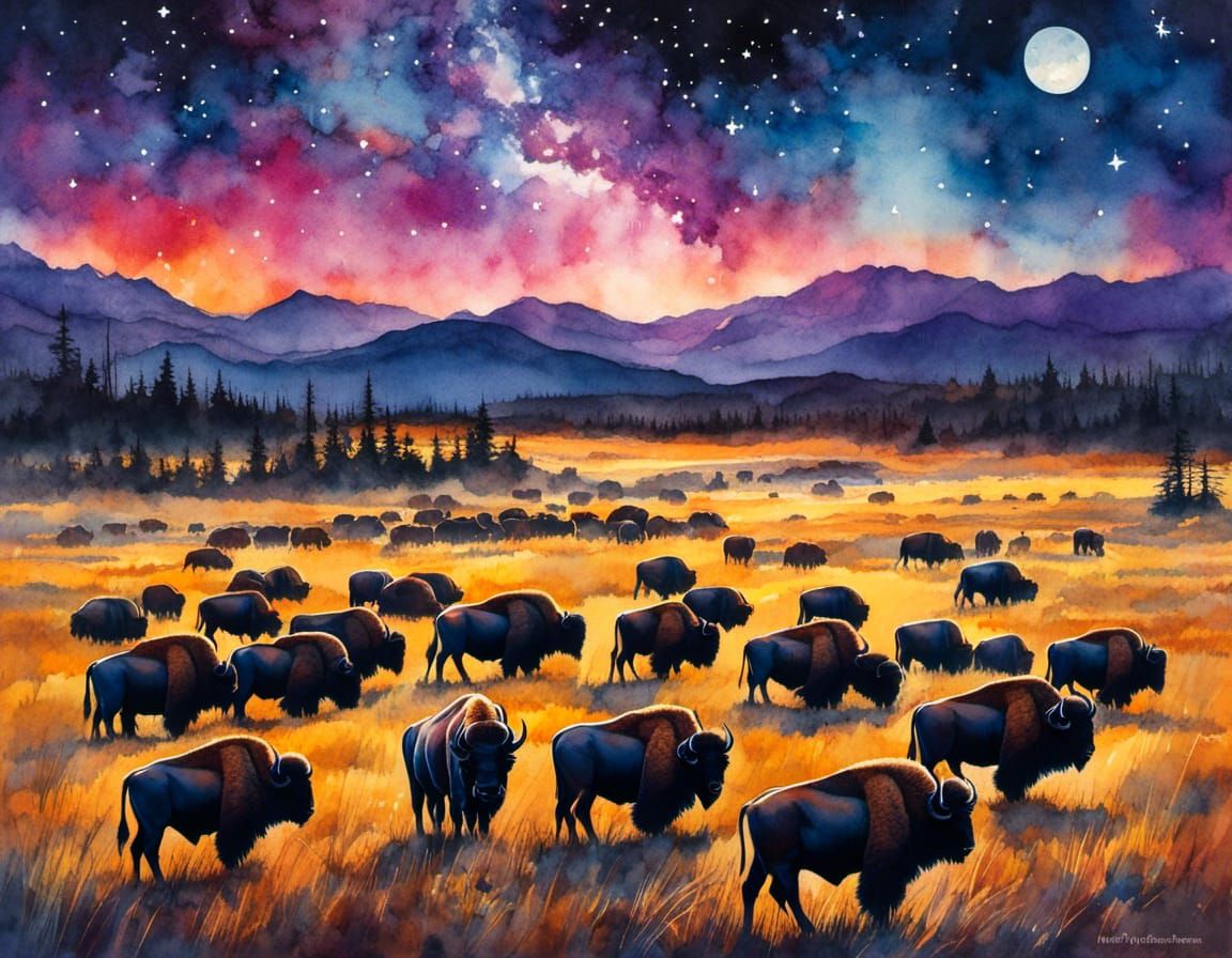Colorful Watercolor Bison Herd Under Starry Sky