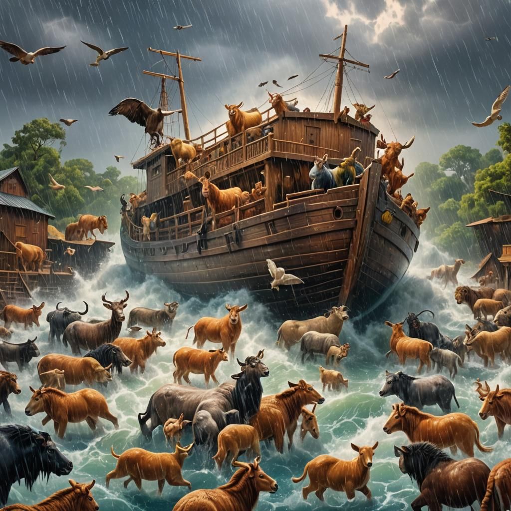 Noah's Ark in a Great Flood: Hyperrealistic Splash Art