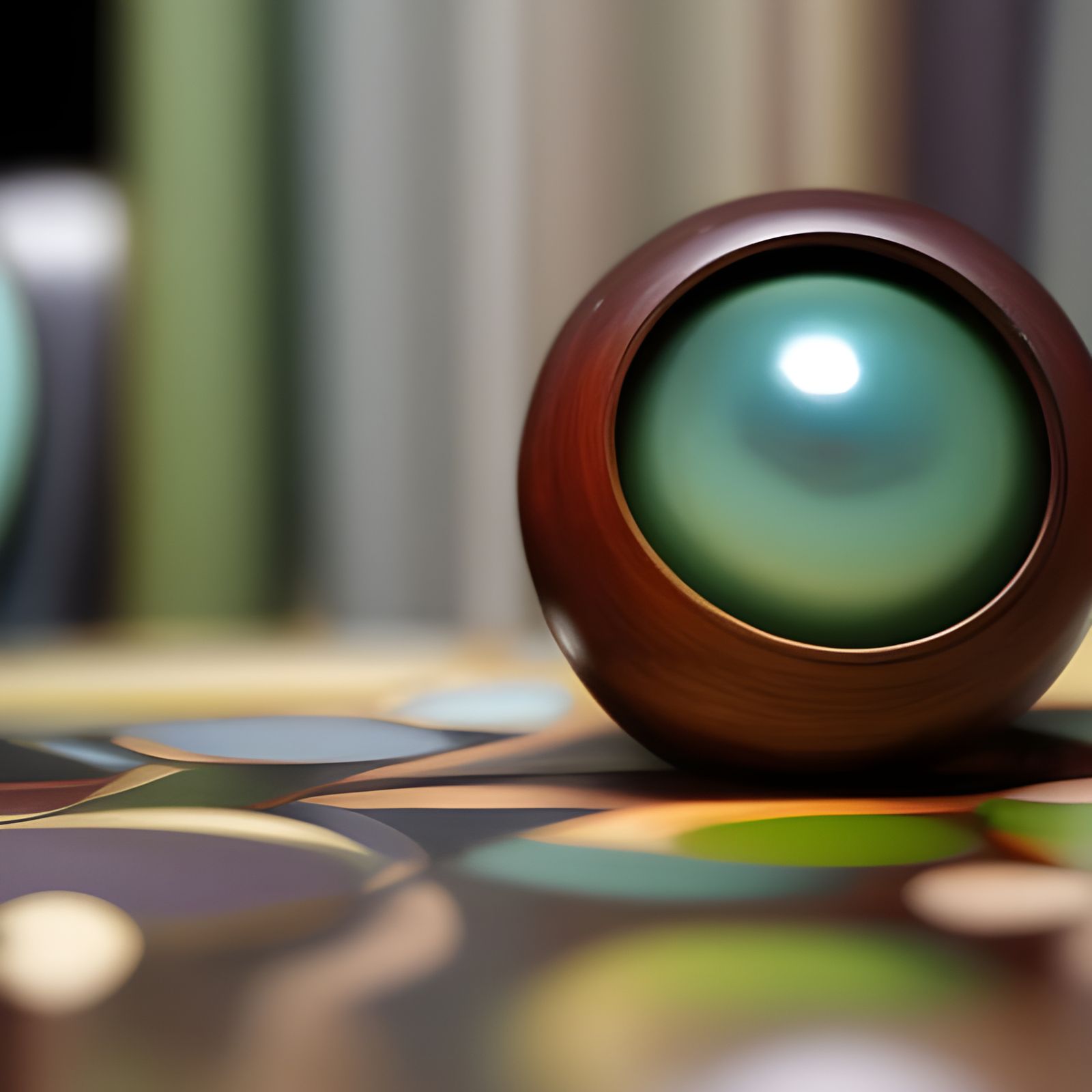 Brass and Wood Sphere on Cluttered Table