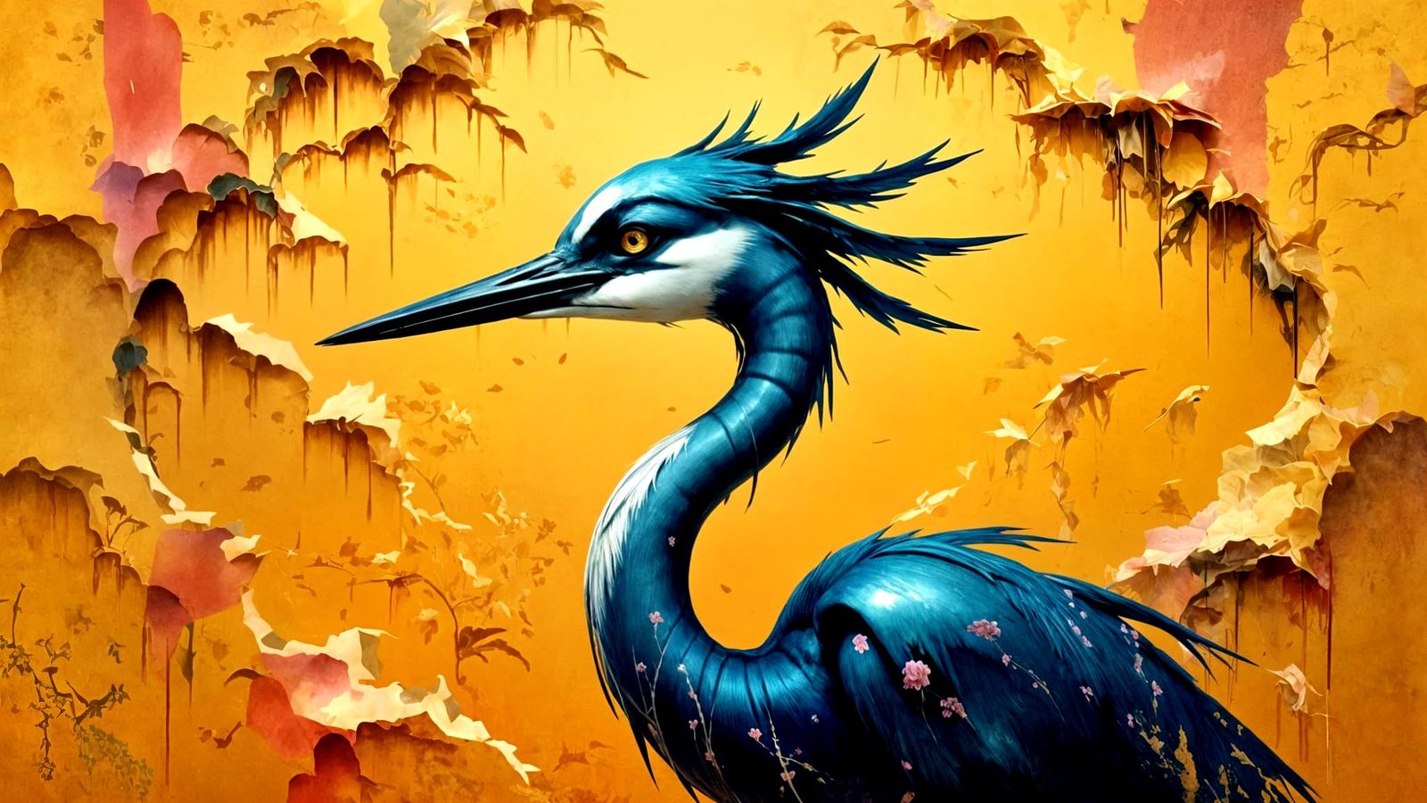 Heron Among Blossoms: Japanese Woodblock Print Style