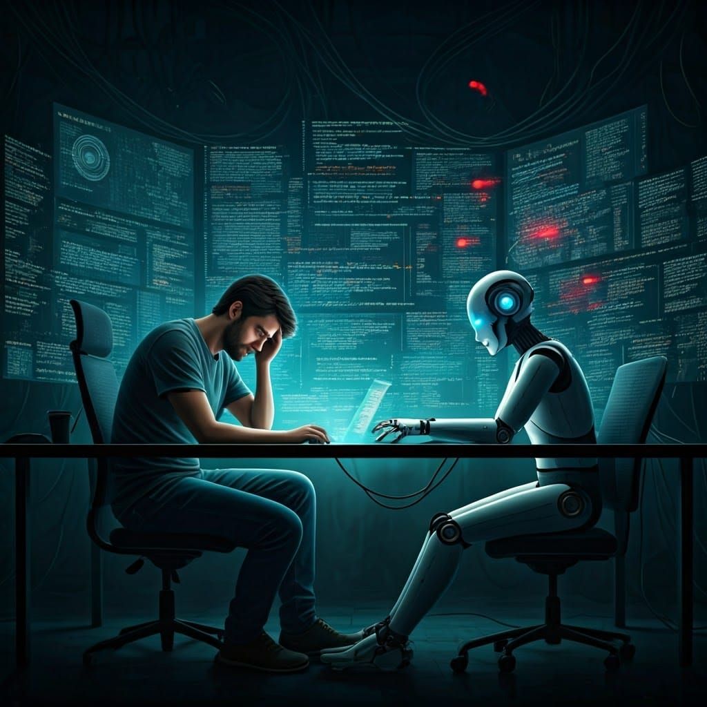Futuristic AI Coding Assistant in Tense Cyberpunk Workspace