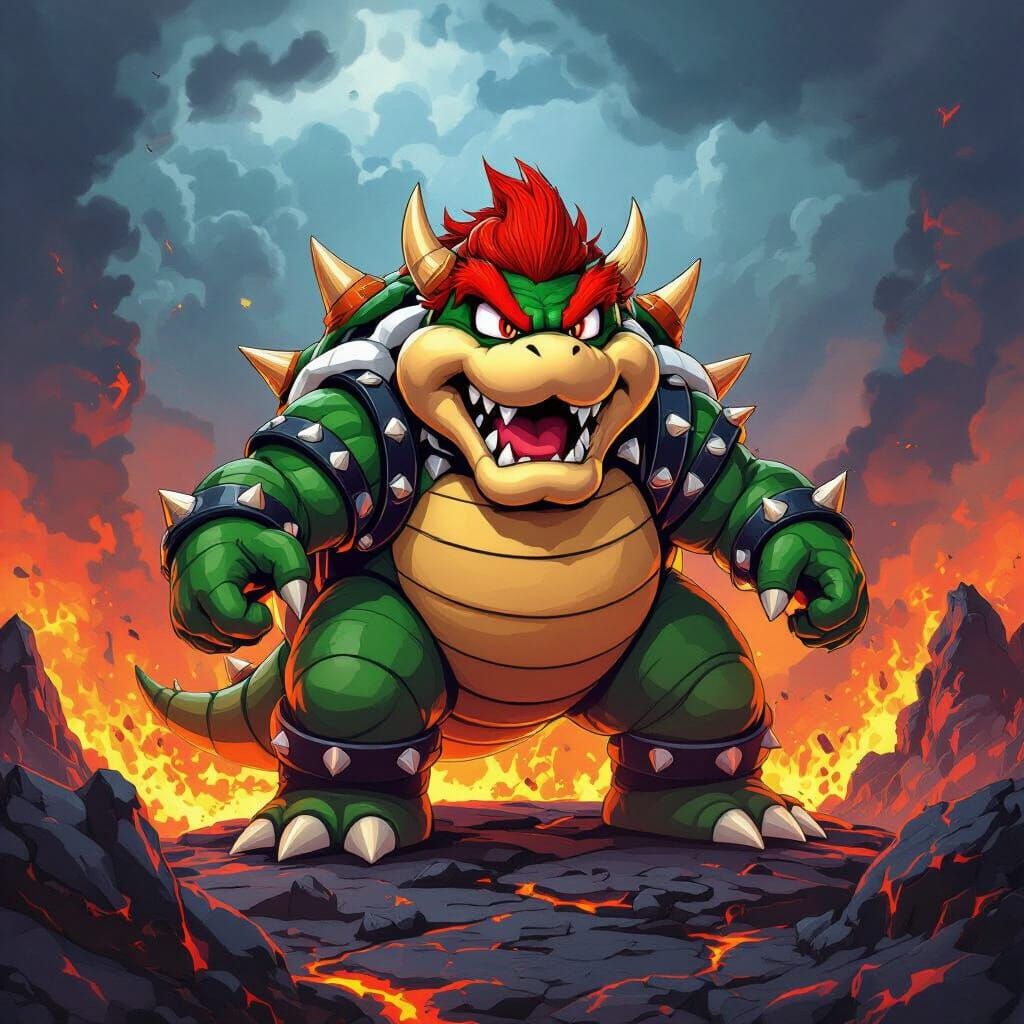 King Bowser Roaring on Volcanic Island in Comic Style