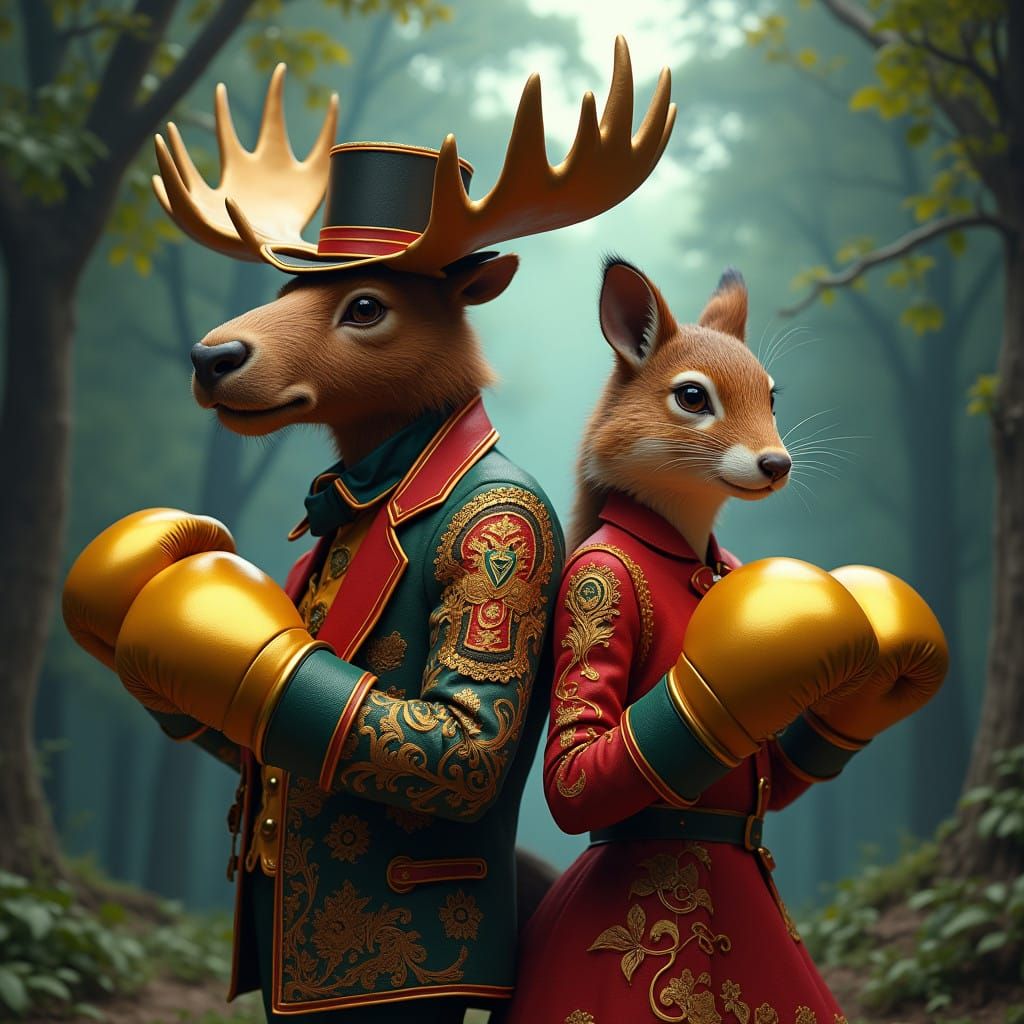 Moose and Squirrel Boxers in Fantastical Arena