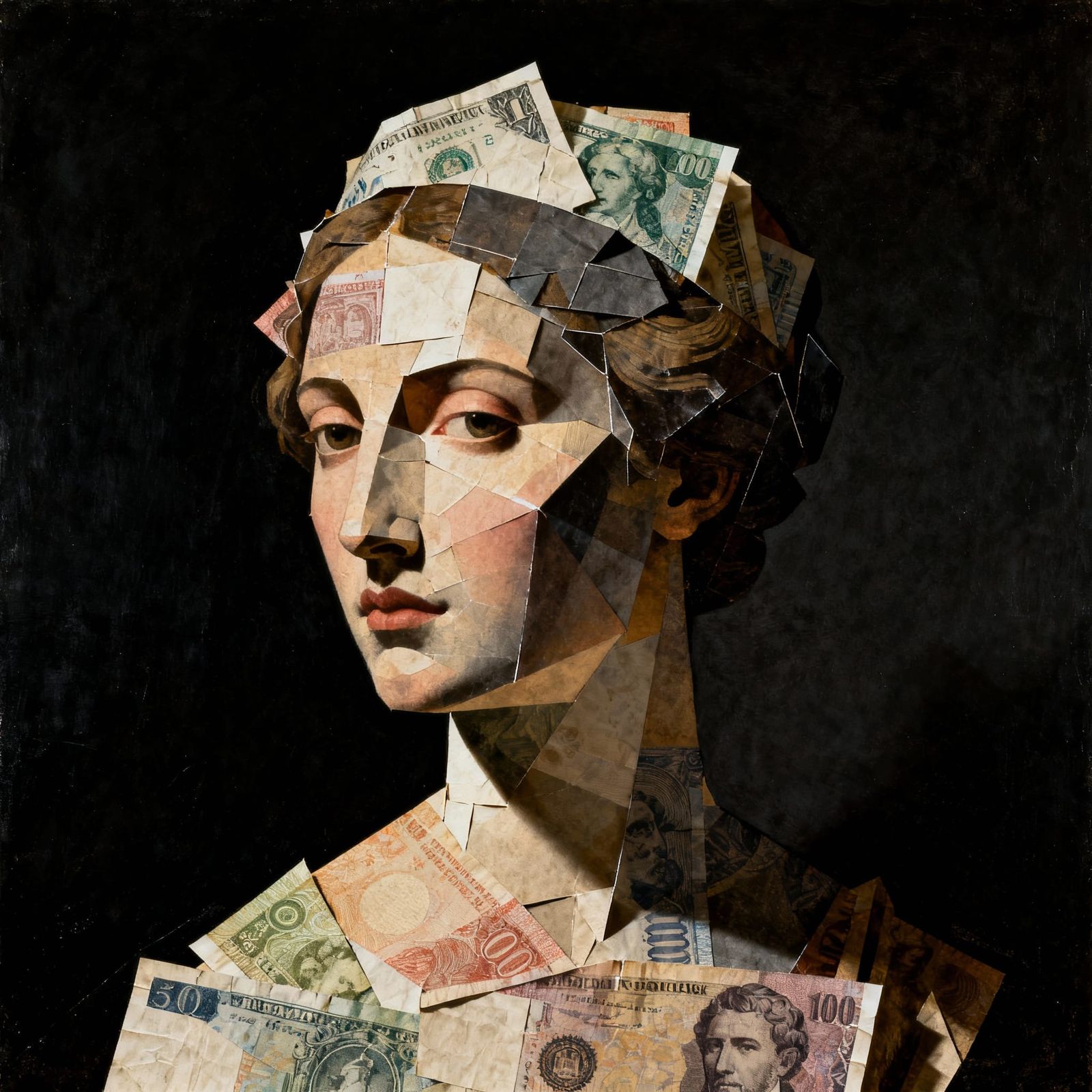 Classical Muse Portrait Crafted from World Banknotes