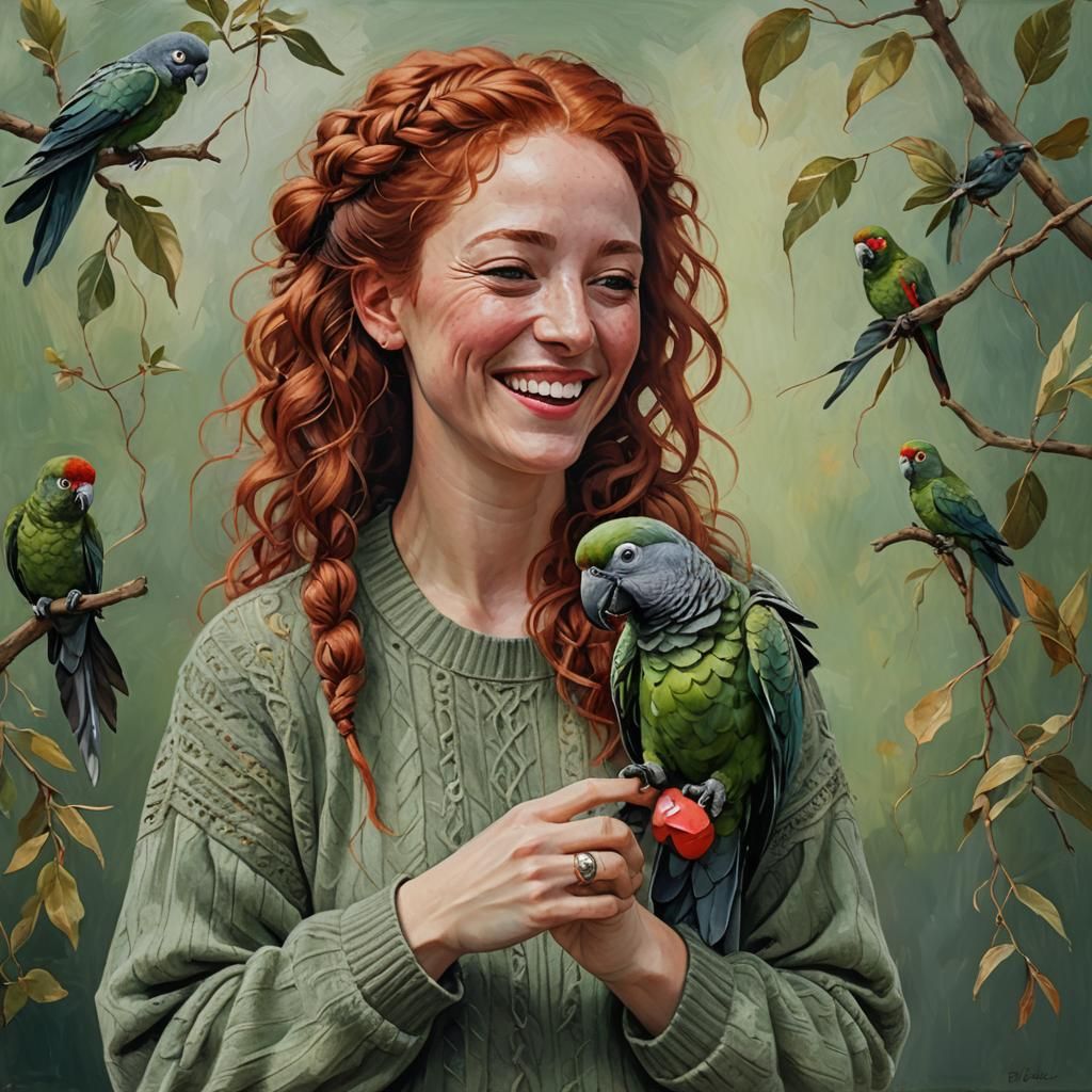Laughing Woman with Parrot: Oil Painting in Autumnal Hues
