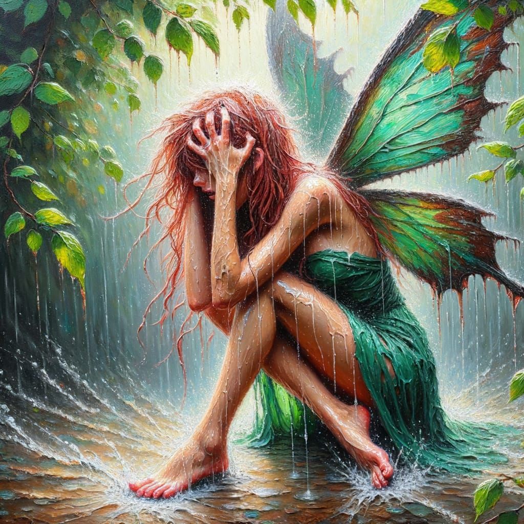 Fairy Seeks Shelter From Spring Rain Oil Painting