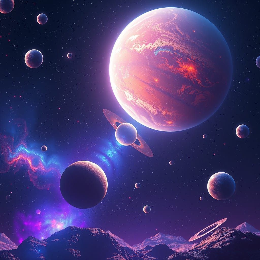 Luminescent Galaxy with Iridescent Planets and Nebulas