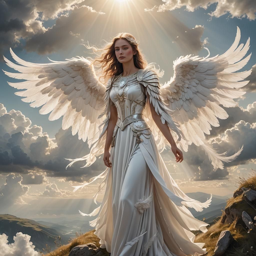 Winged Woman on Hill in Magical Realism Style